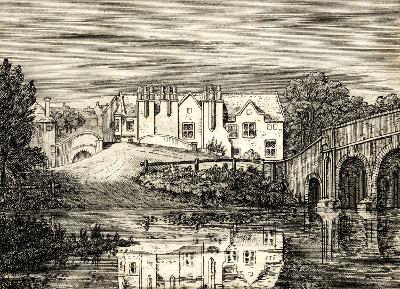 Black and white drawing of a house with a bridge in front and  a body of water in the foreground
