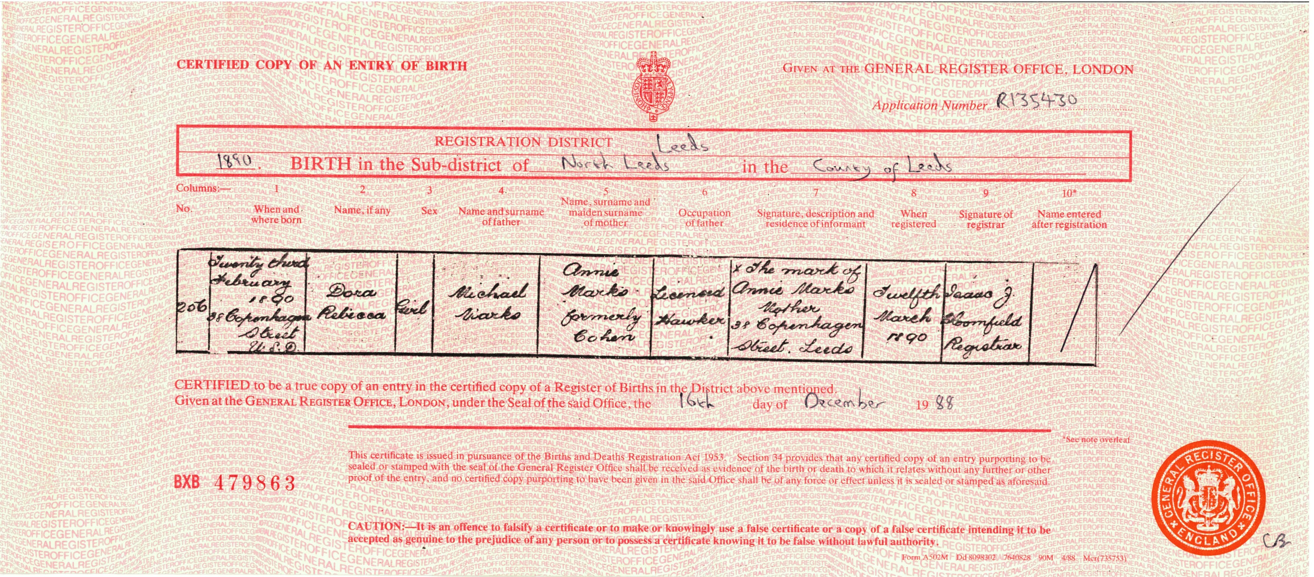 Photo of a hand written birth certificate