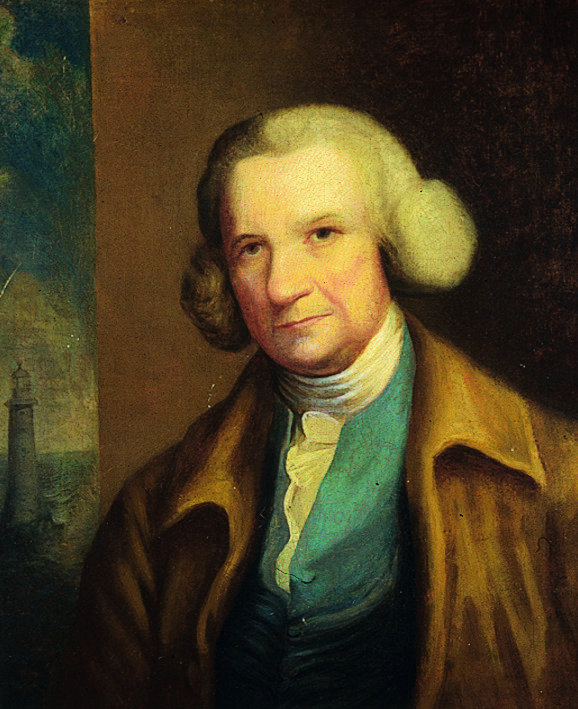 A painting of John Smeaton. A white male wearing a white shirt, blue waistcoat and a brown jacket. A image of a lighthouse is on the far left part of the painting.