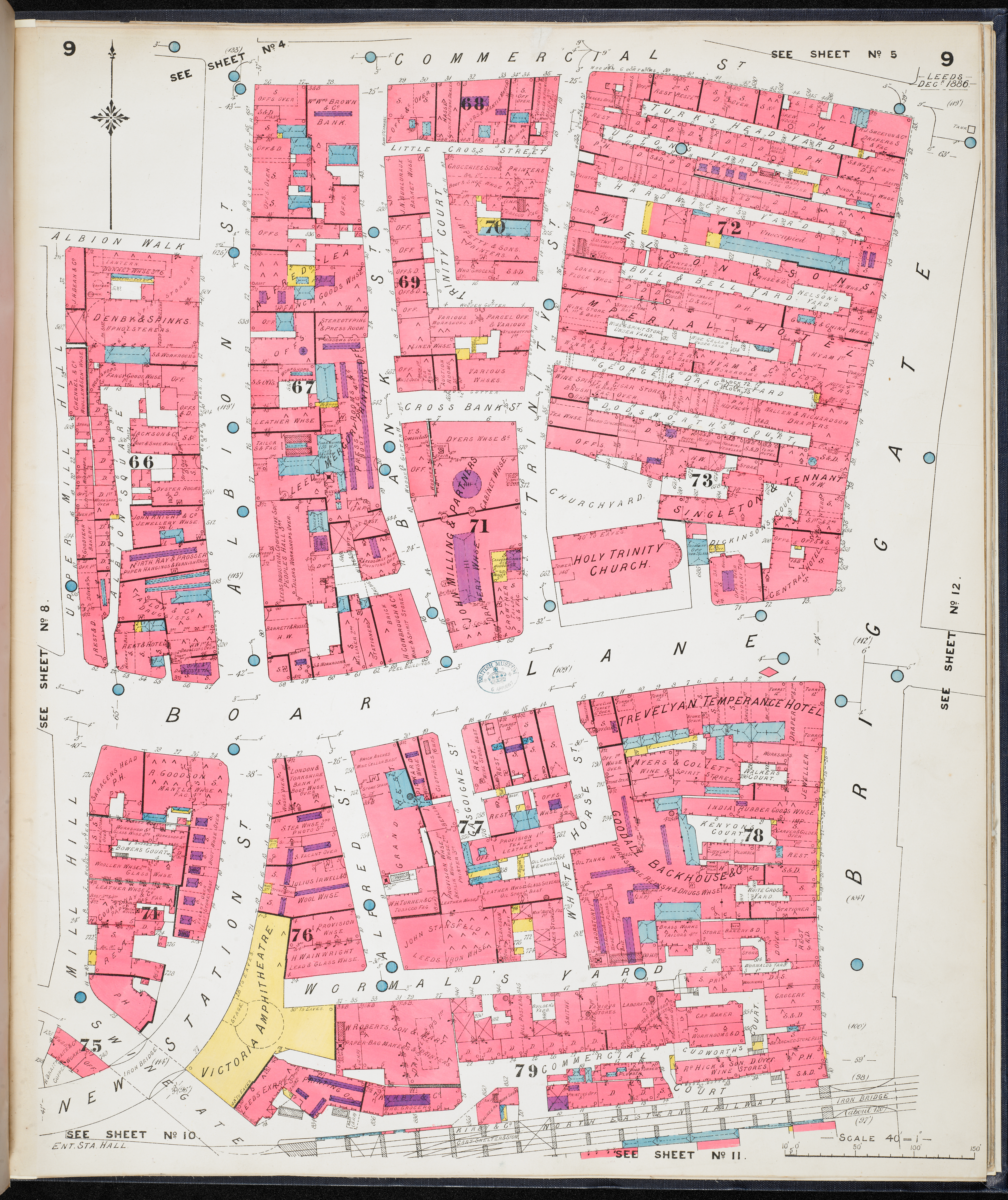 Map drawing of Boar and surrounding streets in Leeds. Buildings are painted in pink. In the bottom left corner. The Victorian  Amphitheatre is painted in Yellow.