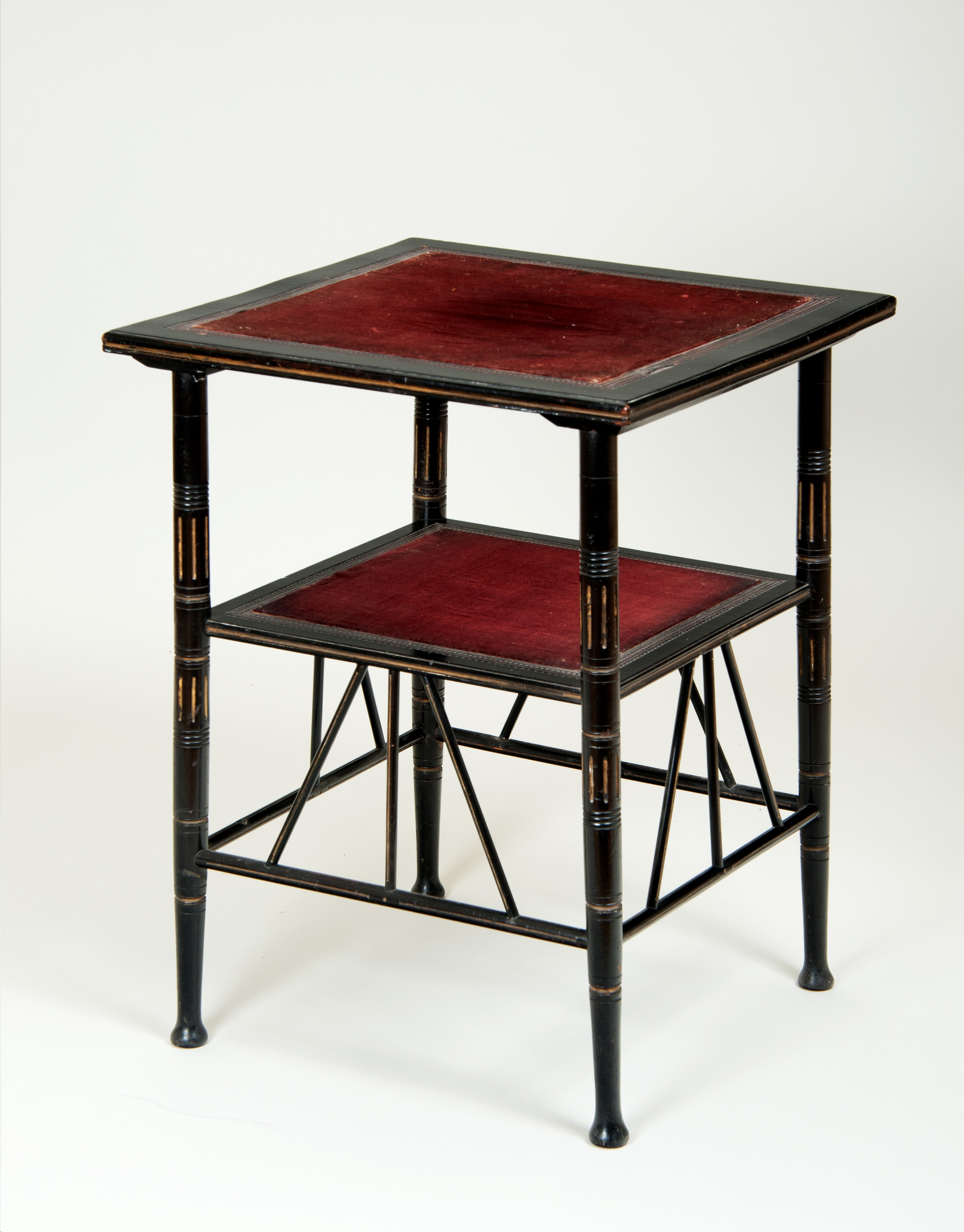 Gillows & Co. Table 1875, legs show wing-turning and gilt details. The two table surfaces are lined with maroon plush and bordered by tooled leather