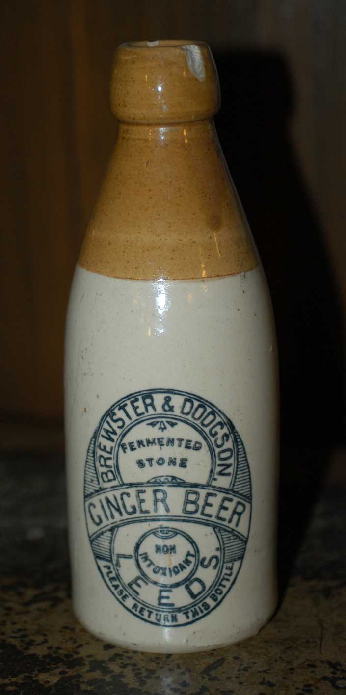Colour photograph of a ceramic ginger beer bottle from Leeds