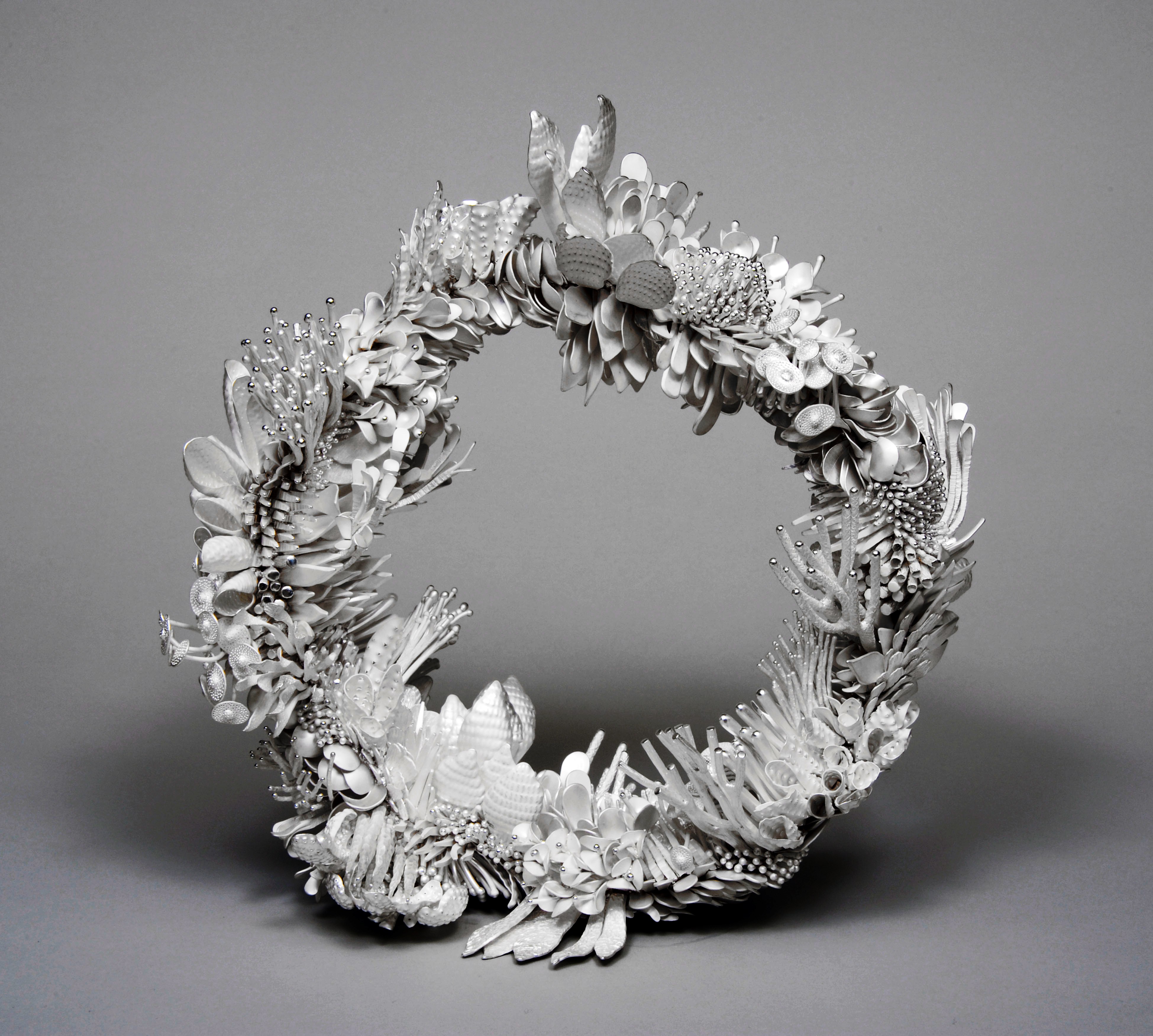 Silver wreath sculpture by Junko Mori