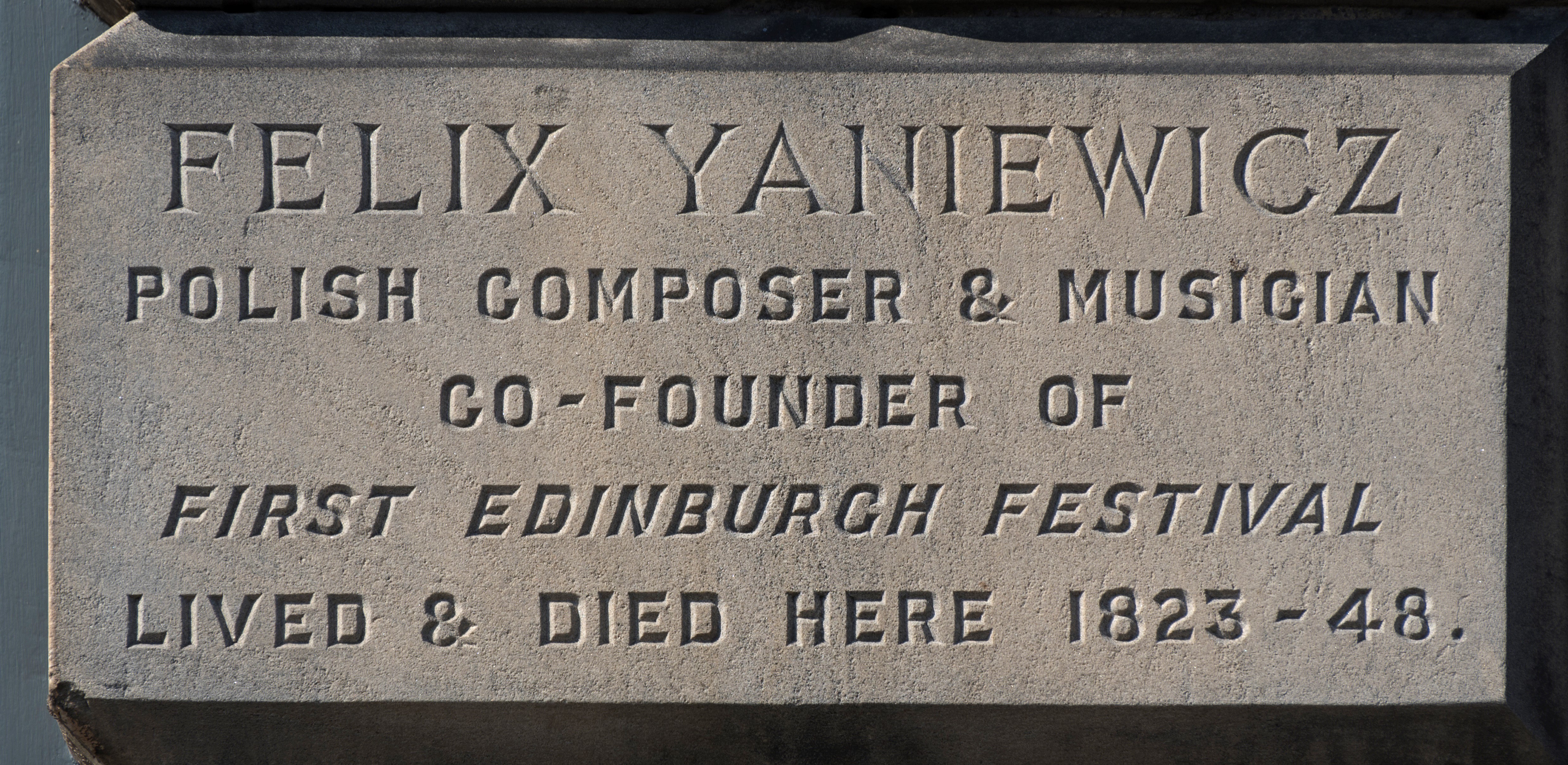 Engraved cornerstone from Great King Street, Edinburgh commemorating that Felix Yaniewicz ‘Polish Composer and Co-Founder of the First Edinburgh Festival Lived & Died Here 1823-48.