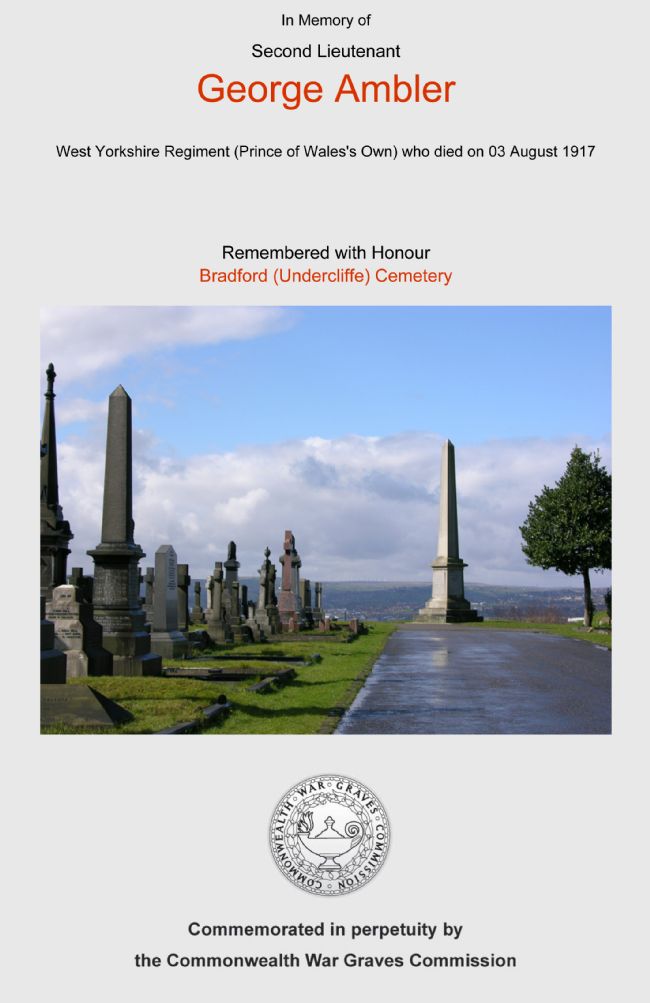 Picture of Undercliff Cemetry and memorial to George Ambler from the Commonwealth War Graves Commission