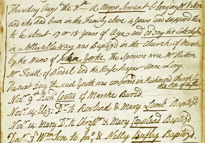 Detail of the baptism record for John Yorke