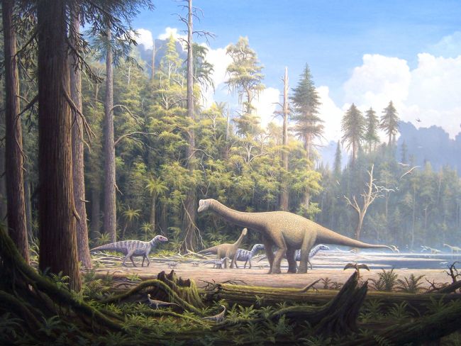Colour illustration showing a beach environment with a forest edge and several dinosaurs