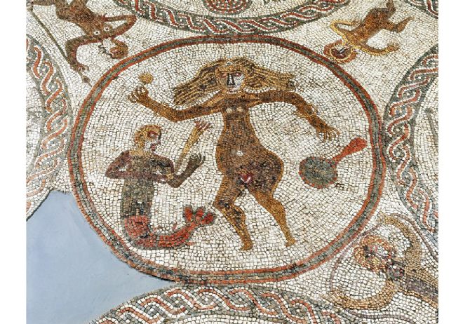 Colour photograph of the mosaic, showing a naked woman with long hair