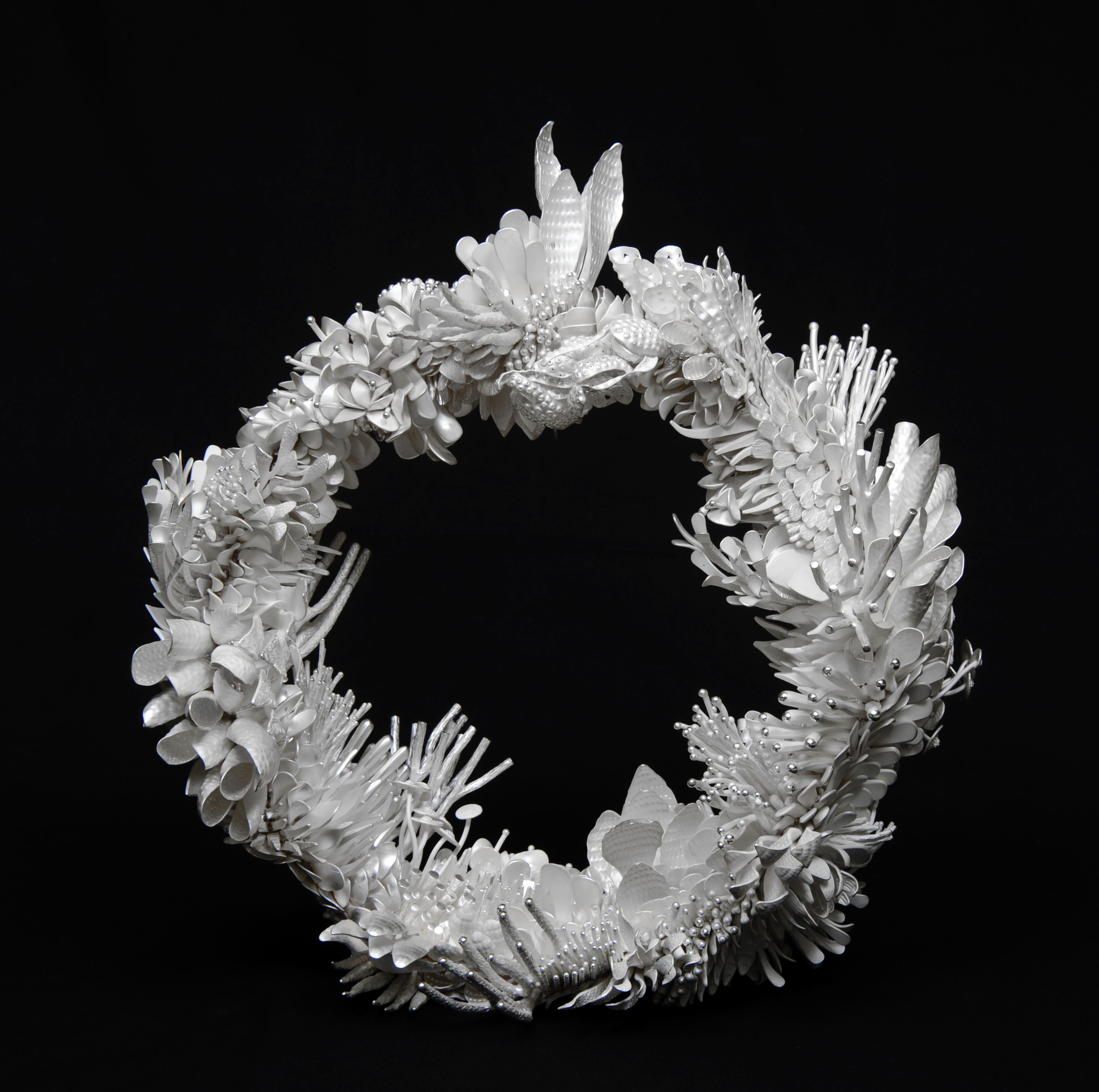Silver wreath sculpture by Junko Mori.